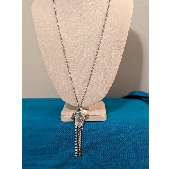 Silver Tone Cluster 22-24.5" Necklace With Rose, Rhinestones, Pearls, etc. - Picture 1 of 8